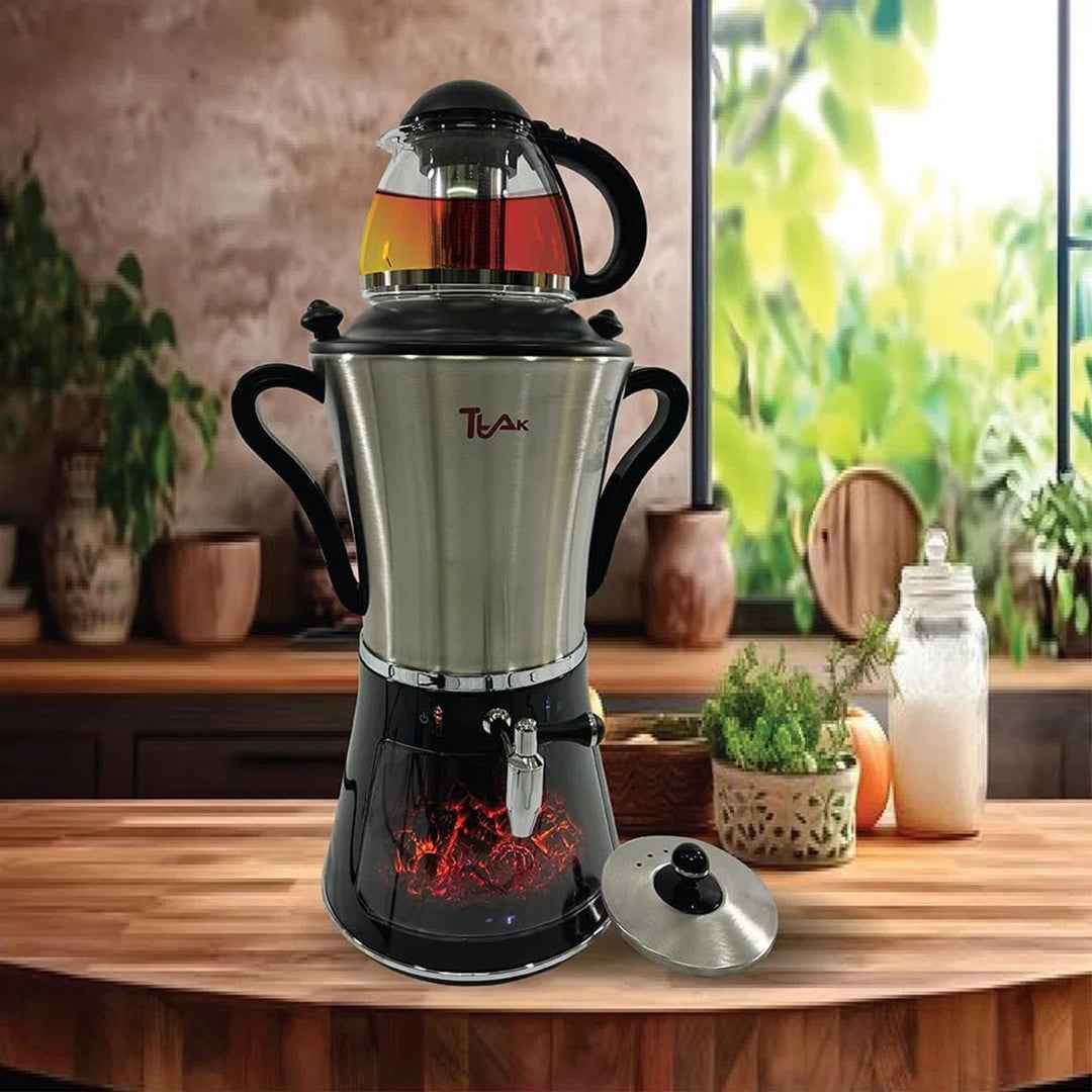 Ttak Houseware Electric Stainless Steel Samovar – Fireplace Design, Overheat Protection, LED Display & Glass Pot (1L)
