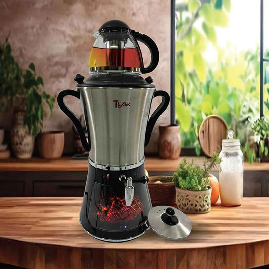 Ttak Houseware Electric Stainless Steel Samovar – Fireplace Design, Overheat Protection, LED Display & Glass Pot (1L)