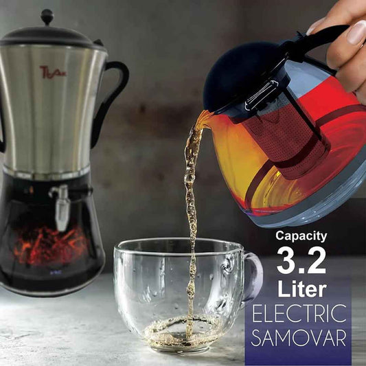 Ttak Houseware Electric Stainless Steel Samovar – Fireplace Design, Overheat Protection, LED Display & Glass Pot (1L)
