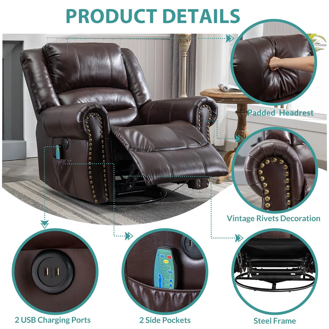 Pacanow 40" Wide Manual Swivel Recliner with Built-In Massager – Comfort & Relaxation in One