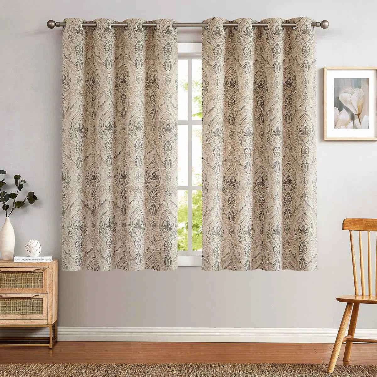 Vintage Damask Elegant Medallion Patterned Room Darkening Curtains Taupe on Greige (Set of 2)