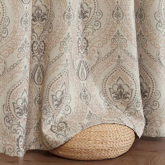 Vintage Damask Elegant Medallion Patterned Room Darkening Curtains Taupe on Greige (Set of 2)