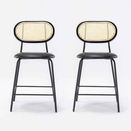 Dycanpo 24" Rattan Bar Stools Set of 2 – Round Faux Leather Barstools for Kitchen, Black