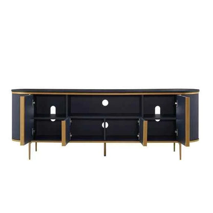 OKD Luxury 70" Fluted TV Stand – Navy Blue Wooden Entertainment Center with Marble Top for 80" TVs